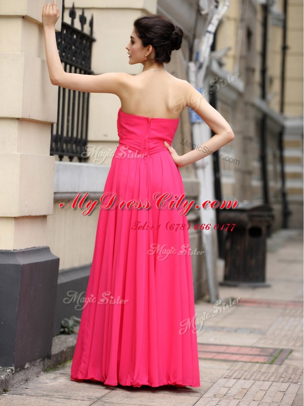 Hot Pink Chiffon Zipper Dress for Prom Sleeveless Floor Length Sashes ribbons and Ruching and Hand Made Flower