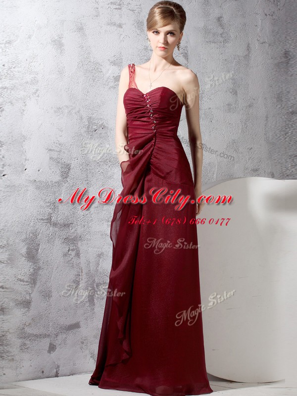 One Shoulder Sleeveless Chiffon Prom Party Dress Beading and Ruching Zipper