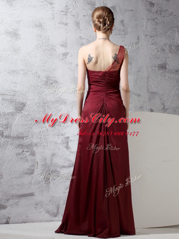 One Shoulder Sleeveless Chiffon Prom Party Dress Beading and Ruching Zipper