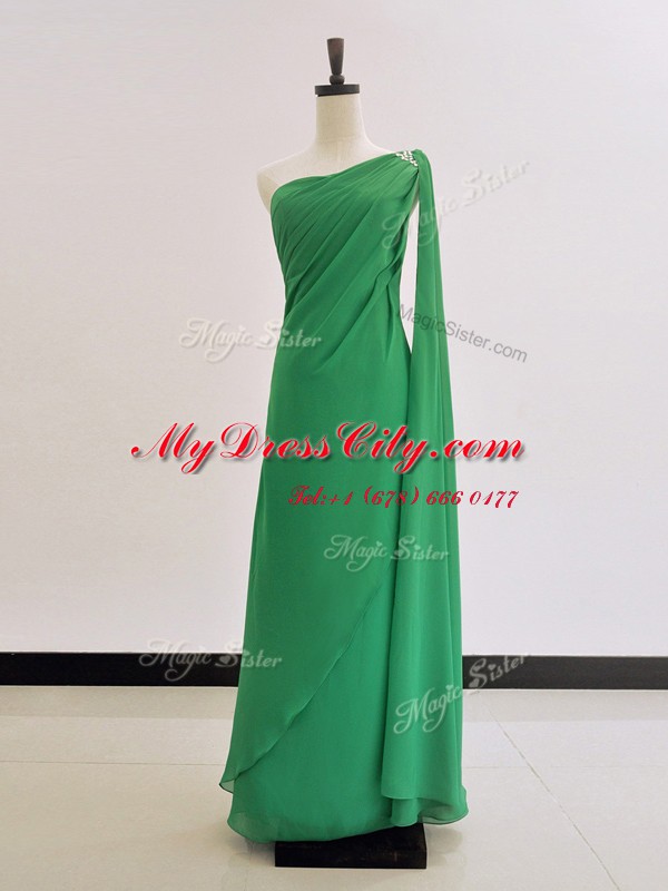 Hot Sale Green Zipper One Shoulder Ruching Evening Dress Chiffon Long Sleeves