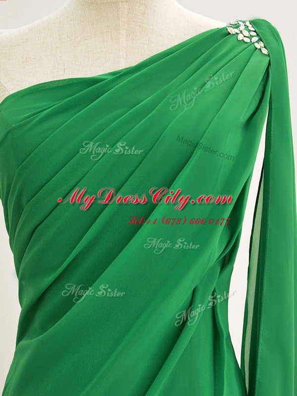 Hot Sale Green Zipper One Shoulder Ruching Evening Dress Chiffon Long Sleeves