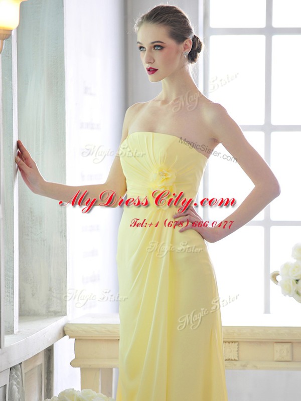 Light Yellow Strapless Neckline Hand Made Flower Sleeveless Lace Up