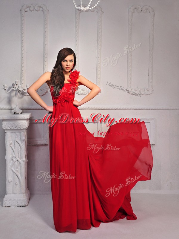 Affordable Court Train Column/Sheath Evening Dress Red One Shoulder Silk Like Satin Sleeveless With Train Lace Up