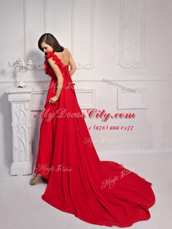 Affordable Court Train Column/Sheath Evening Dress Red One Shoulder Silk Like Satin Sleeveless With Train Lace Up