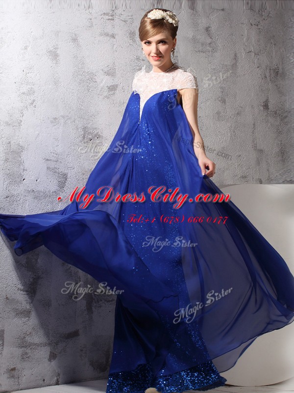 Royal Blue Sleeveless Floor Length Lace and Sequins Zipper Prom Gown