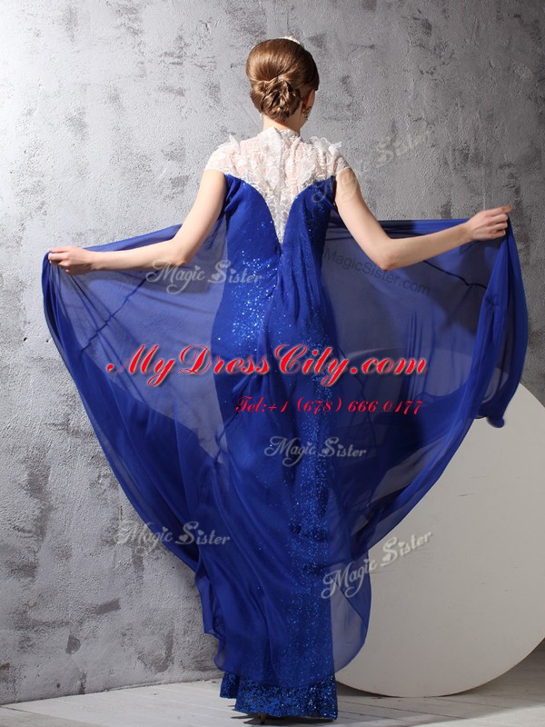 Royal Blue Sleeveless Floor Length Lace and Sequins Zipper Prom Gown