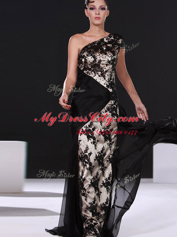 Luxurious One Shoulder Black Cap Sleeves Chiffon Brush Train Side Zipper Prom Dresses for Prom and Party