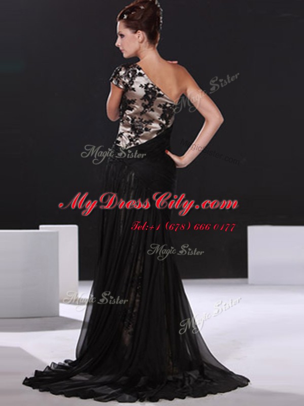 Luxurious One Shoulder Black Cap Sleeves Chiffon Brush Train Side Zipper Prom Dresses for Prom and Party