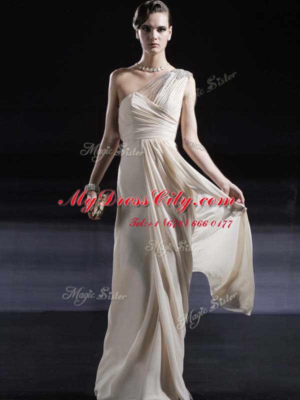 Luxury Champagne Column/Sheath Chiffon One Shoulder Sleeveless Ruching Floor Length Criss Cross Prom Party Dress