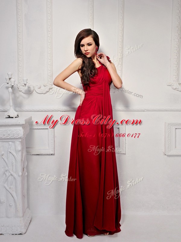 One Shoulder Sleeveless Chiffon Floor Length Side Zipper Evening Dress in Wine Red with Ruching and Hand Made Flower