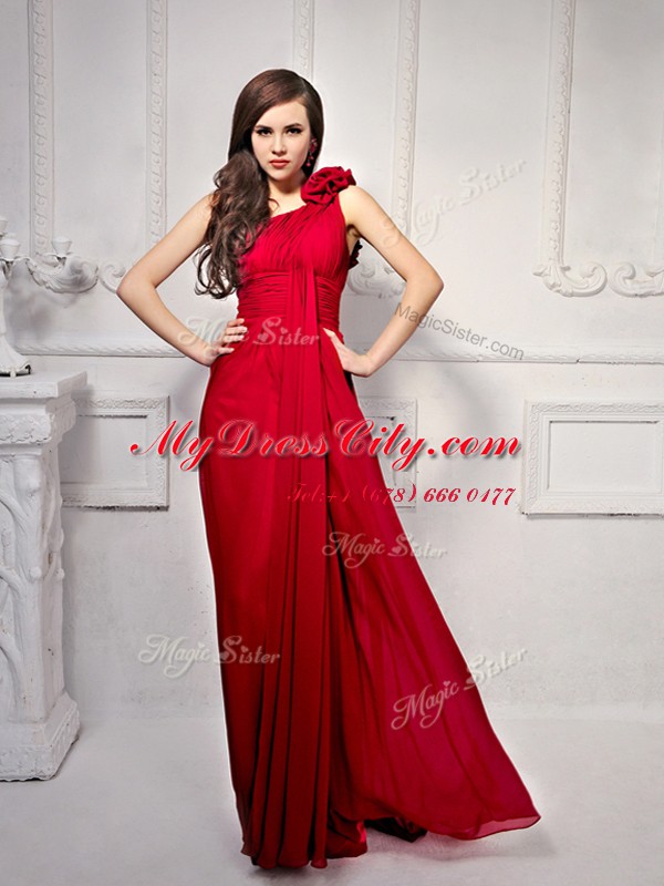 One Shoulder Sleeveless Chiffon Floor Length Side Zipper Evening Dress in Wine Red with Ruching and Hand Made Flower