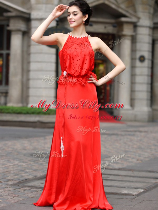 New Arrival Floor Length Coral Red Evening Dress Scoop Sleeveless Zipper