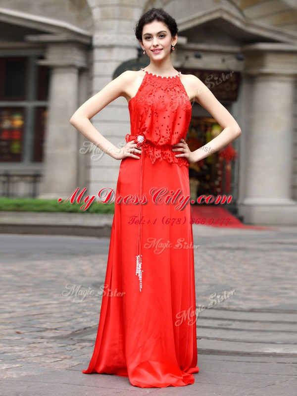 New Arrival Floor Length Coral Red Evening Dress Scoop Sleeveless Zipper