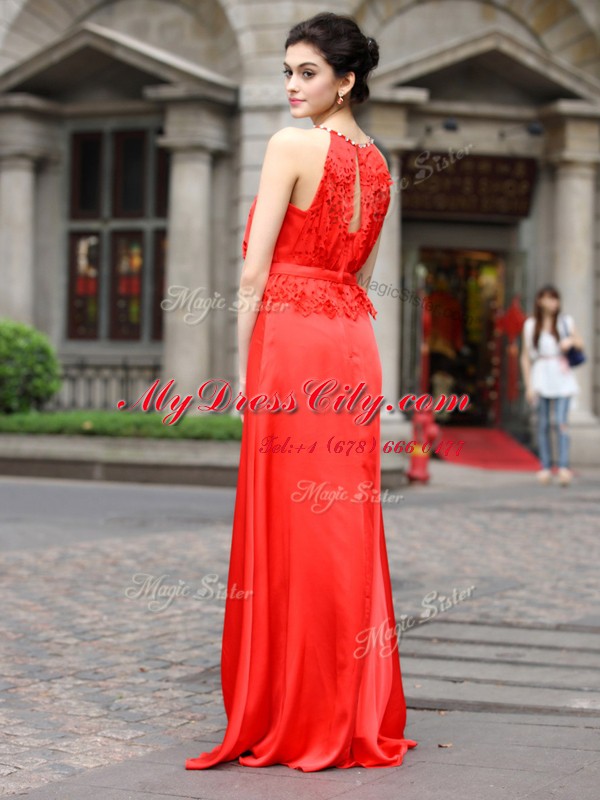 New Arrival Floor Length Coral Red Evening Dress Scoop Sleeveless Zipper