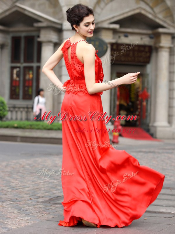 New Arrival Floor Length Coral Red Evening Dress Scoop Sleeveless Zipper