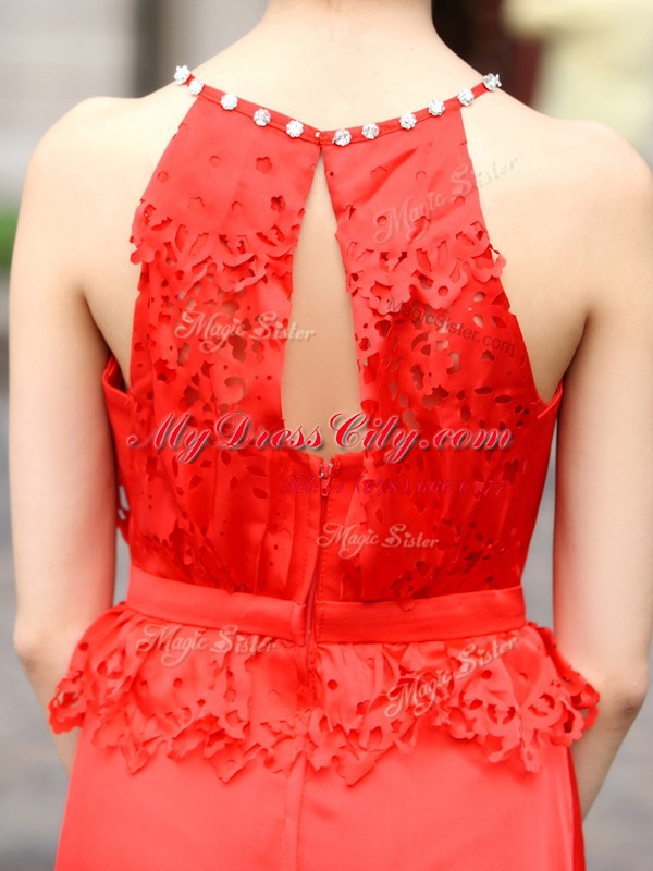 New Arrival Floor Length Coral Red Evening Dress Scoop Sleeveless Zipper