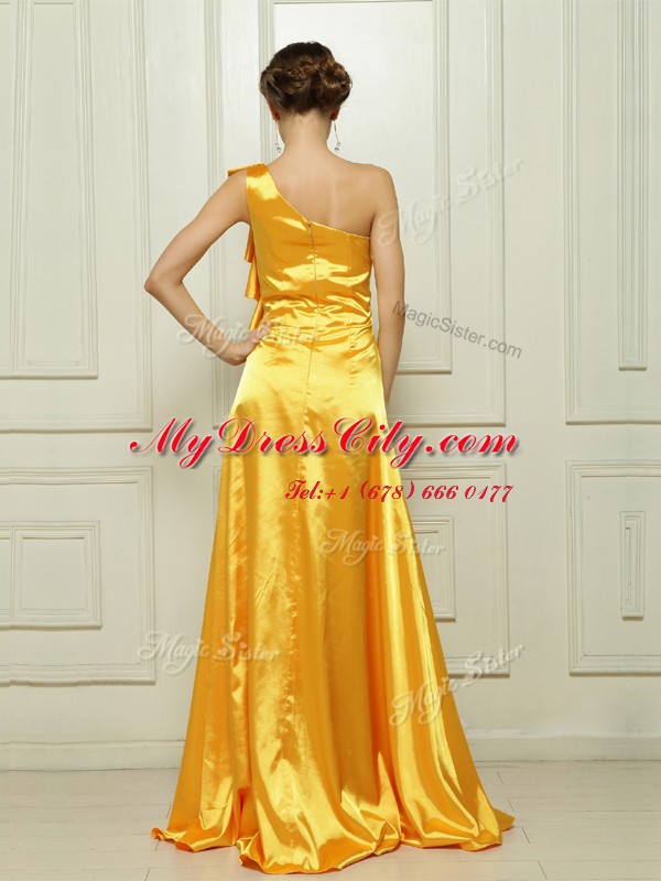 Romantic One Shoulder Gold Taffeta Zipper Dress for Prom Sleeveless With Brush Train Ruffles