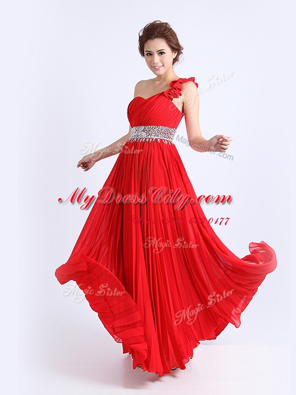 One Shoulder Red Sleeveless Beading and Ruching and Pleated Floor Length Homecoming Dress