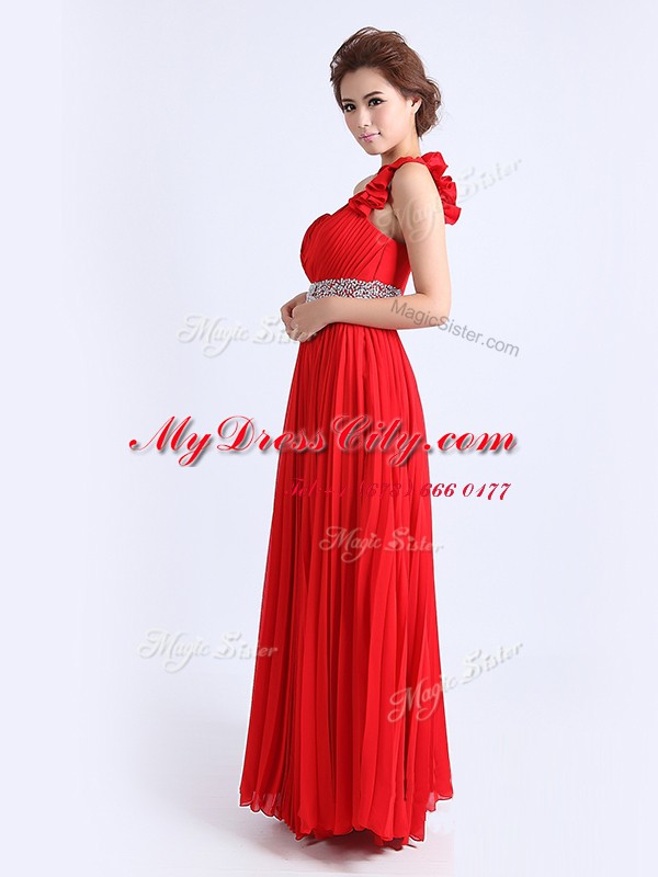 One Shoulder Red Sleeveless Beading and Ruching and Pleated Floor Length Homecoming Dress