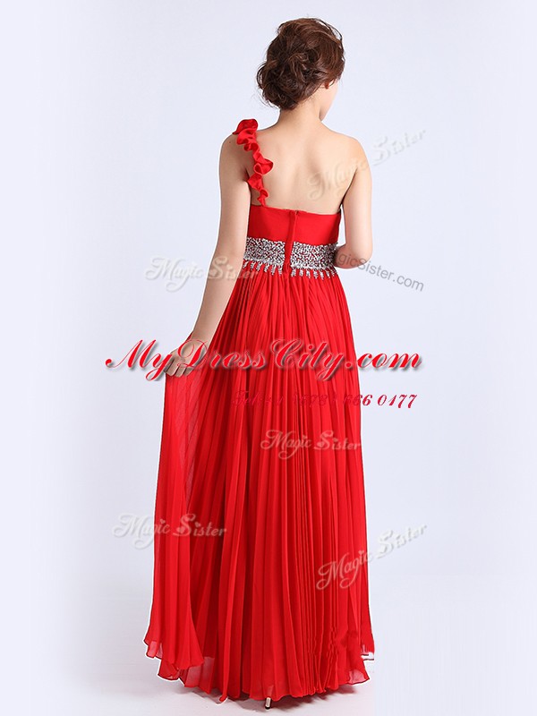 One Shoulder Red Sleeveless Beading and Ruching and Pleated Floor Length Homecoming Dress