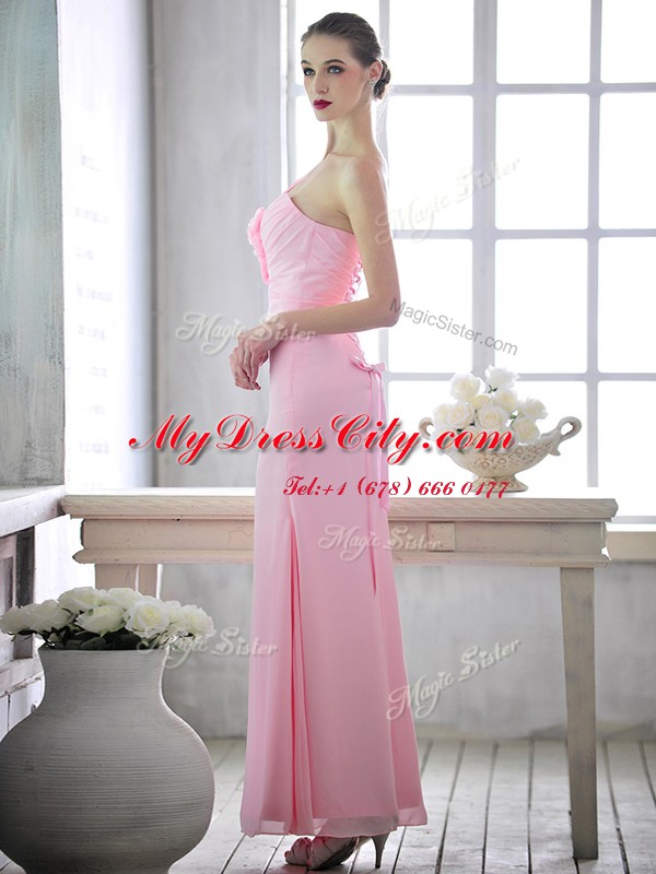 Low Price One Shoulder Baby Pink Chiffon Lace Up Sleeveless Ankle Length Ruching and Hand Made Flower