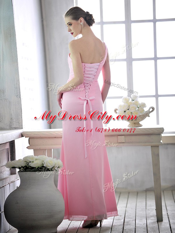 Low Price One Shoulder Baby Pink Chiffon Lace Up Sleeveless Ankle Length Ruching and Hand Made Flower