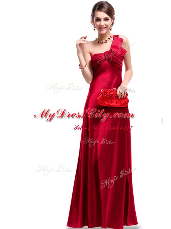 Simple Floor Length Wine Red Evening Dress One Shoulder Sleeveless Criss Cross