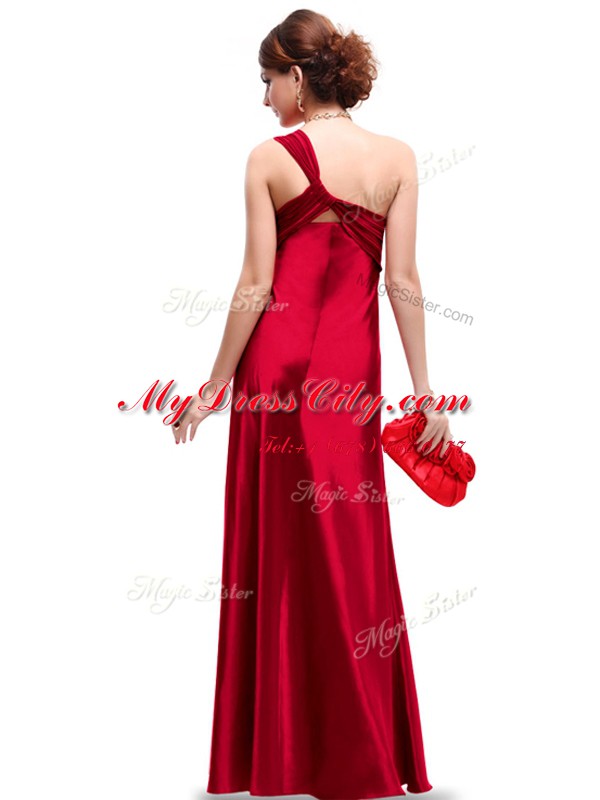 Simple Floor Length Wine Red Evening Dress One Shoulder Sleeveless Criss Cross