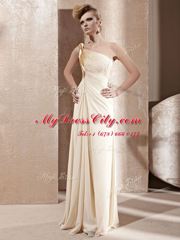 One Shoulder Sleeveless Side Zipper Prom Dresses Champagne Chiffon