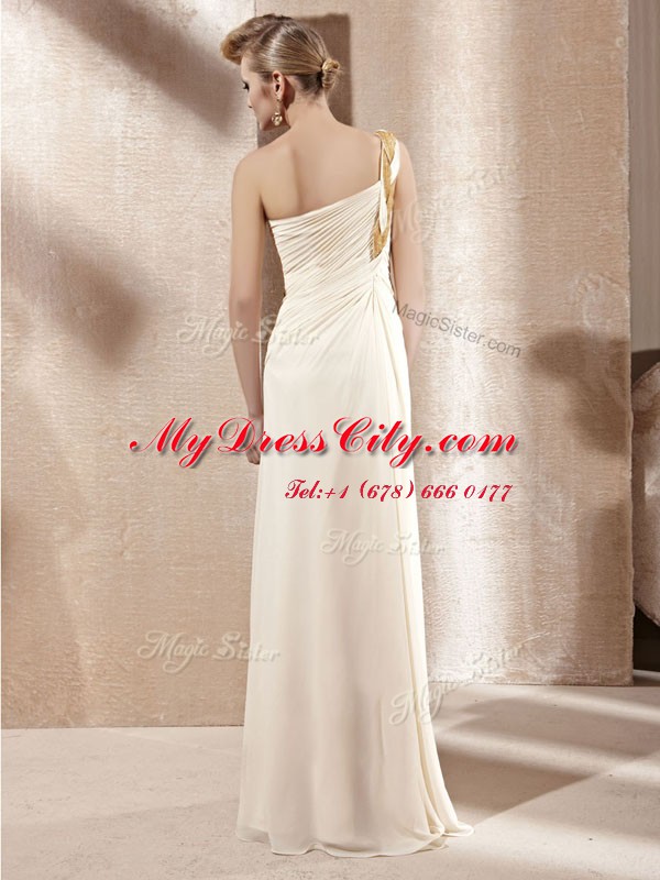 One Shoulder Sleeveless Side Zipper Prom Dresses Champagne Chiffon