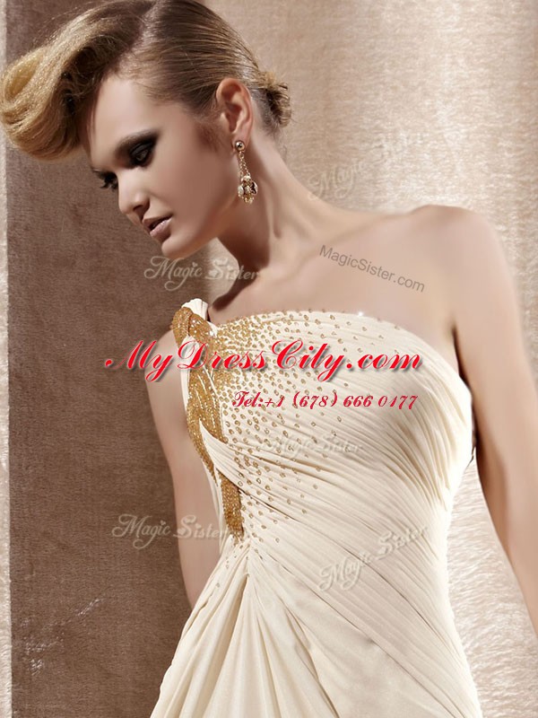 One Shoulder Sleeveless Side Zipper Prom Dresses Champagne Chiffon