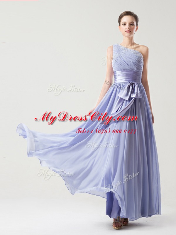 One Shoulder Lavender Empire Ruching and Bowknot Prom Dress Side Zipper Chiffon Sleeveless Floor Length