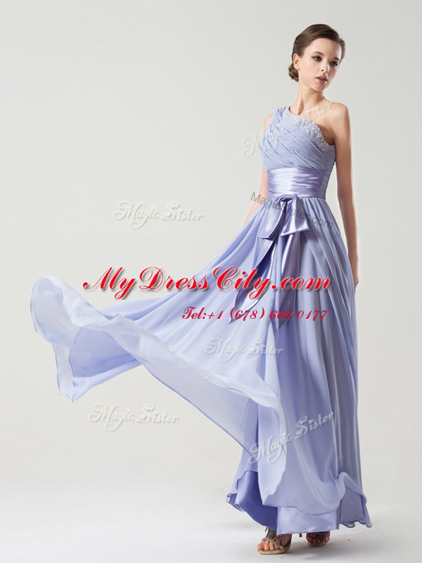 One Shoulder Lavender Empire Ruching and Bowknot Prom Dress Side Zipper Chiffon Sleeveless Floor Length