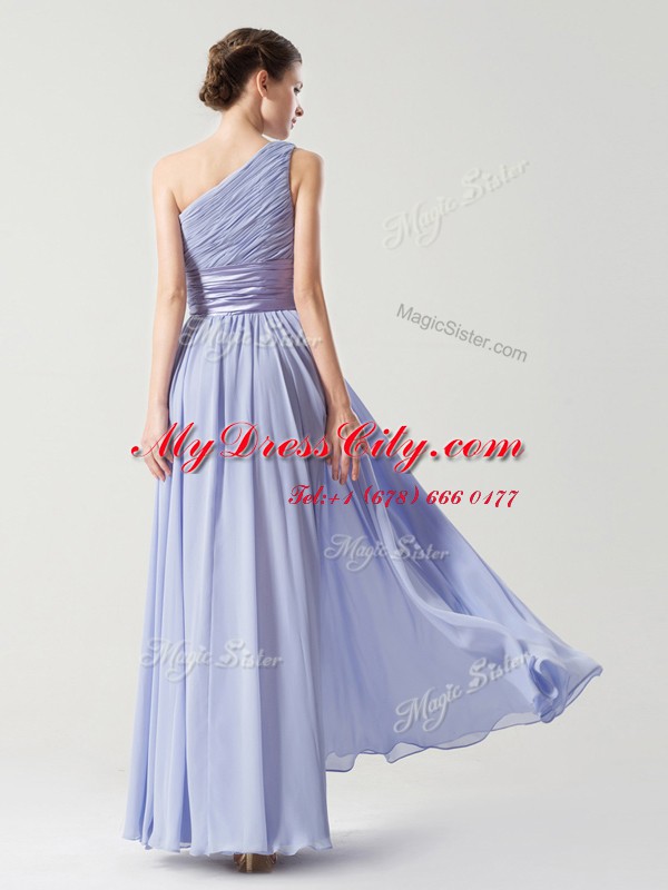 One Shoulder Lavender Empire Ruching and Bowknot Prom Dress Side Zipper Chiffon Sleeveless Floor Length