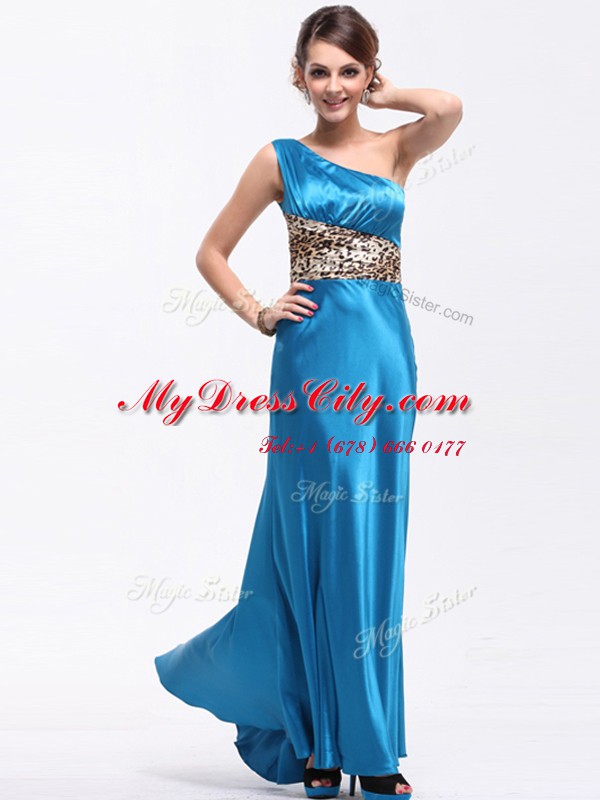 Excellent Baby Blue Elastic Woven Satin Side Zipper One Shoulder Sleeveless Floor Length Prom Dress Ruching