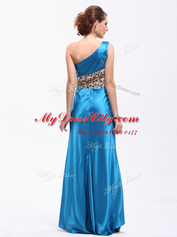 Excellent Baby Blue Elastic Woven Satin Side Zipper One Shoulder Sleeveless Floor Length Prom Dress Ruching