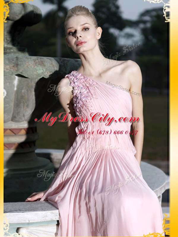 Traditional One Shoulder Baby Pink Empire Ruching and Hand Made Flower Prom Evening Gown Side Zipper Chiffon Sleeveless Floor Length