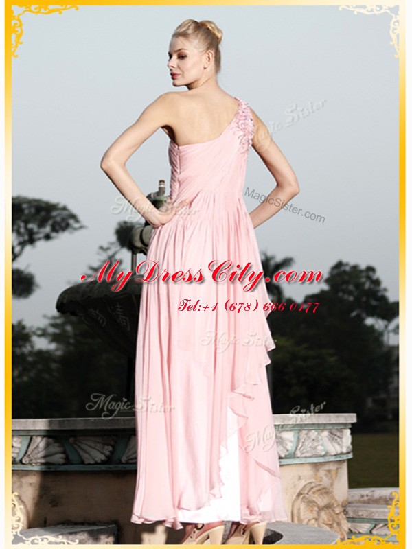 Traditional One Shoulder Baby Pink Empire Ruching and Hand Made Flower Prom Evening Gown Side Zipper Chiffon Sleeveless Floor Length