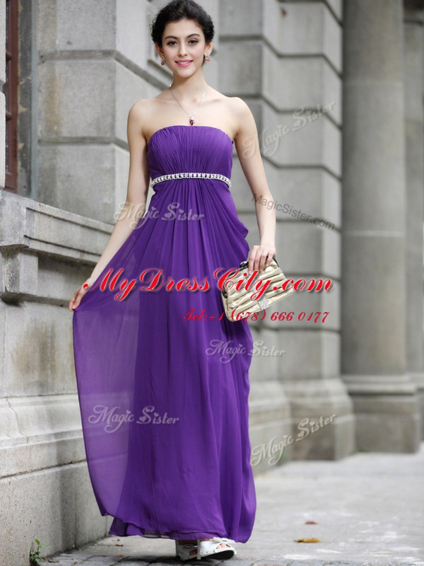 Ankle Length Purple Prom Dress Chiffon Sleeveless Beading