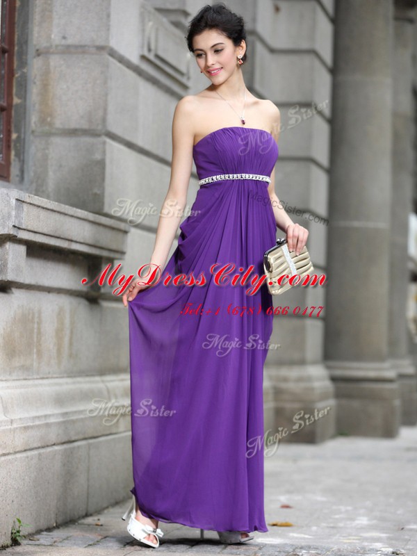 Ankle Length Purple Prom Dress Chiffon Sleeveless Beading