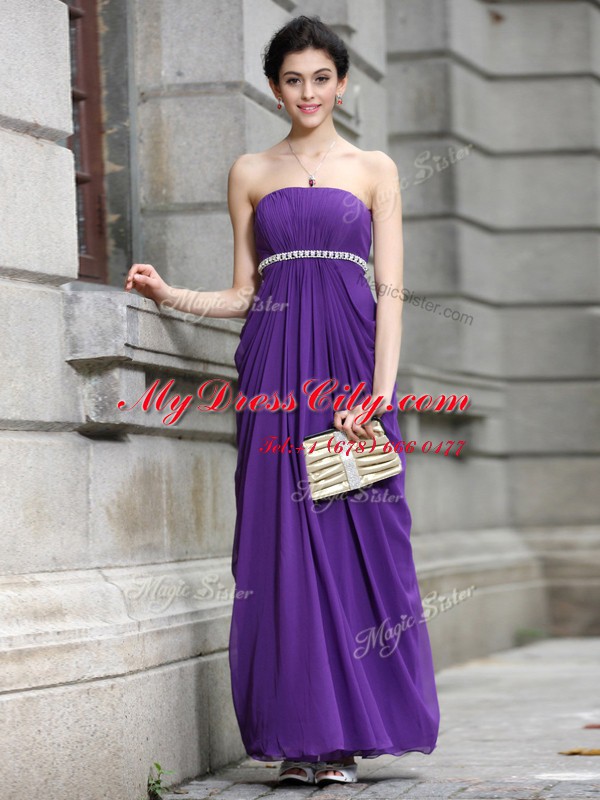 Ankle Length Purple Prom Dress Chiffon Sleeveless Beading