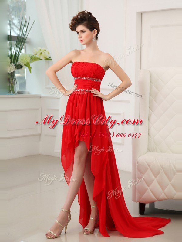 Strapless Sleeveless Prom Gown High Low Beading and Ruffles Red Chiffon