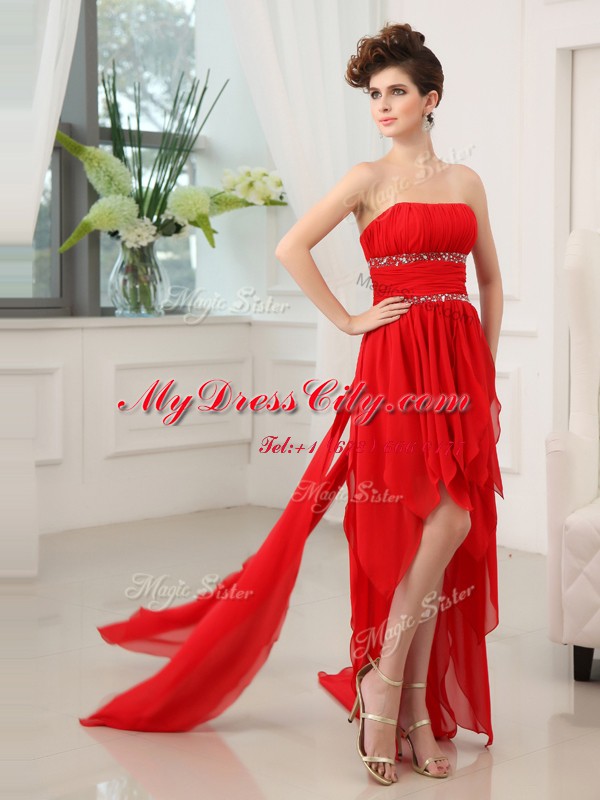 Strapless Sleeveless Prom Gown High Low Beading and Ruffles Red Chiffon