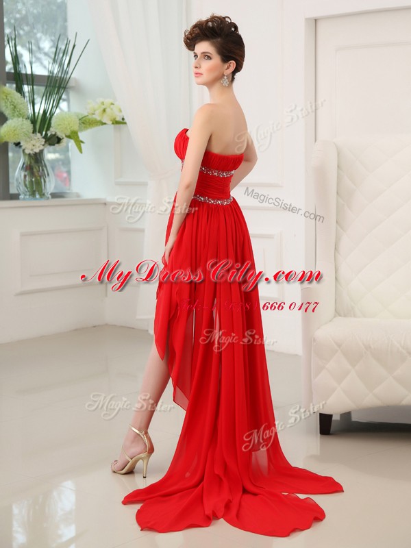 Strapless Sleeveless Prom Gown High Low Beading and Ruffles Red Chiffon