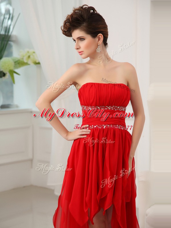 Strapless Sleeveless Prom Gown High Low Beading and Ruffles Red Chiffon