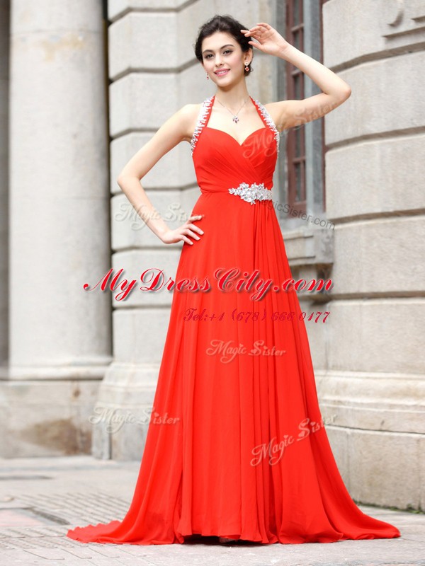 Sleeveless Beading Zipper with Coral Red Brush Train