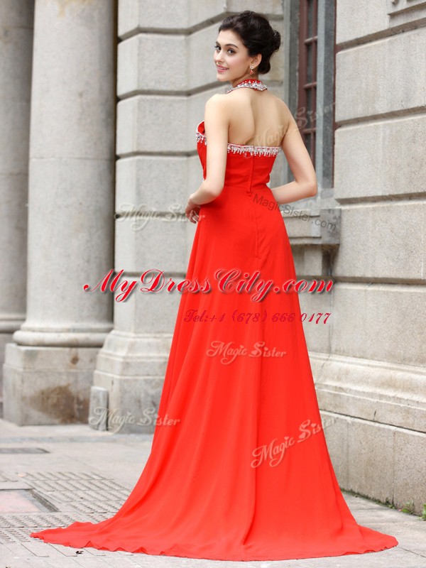 Sleeveless Beading Zipper with Coral Red Brush Train