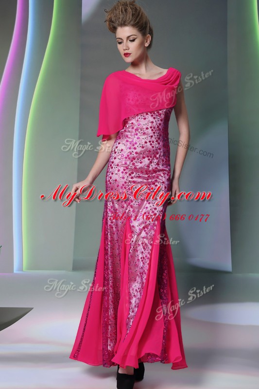 Clearance Mermaid Scoop Sleeveless Floor Length Beading Zipper Prom Dress with Hot Pink