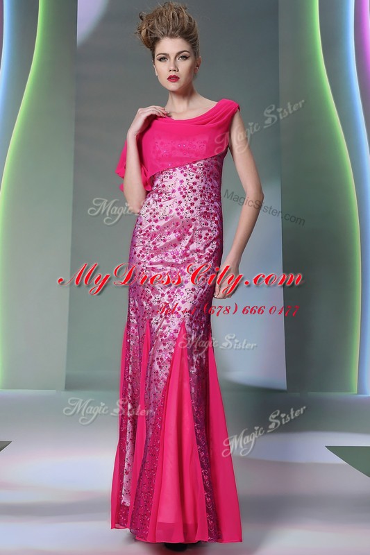 Clearance Mermaid Scoop Sleeveless Floor Length Beading Zipper Prom Dress with Hot Pink