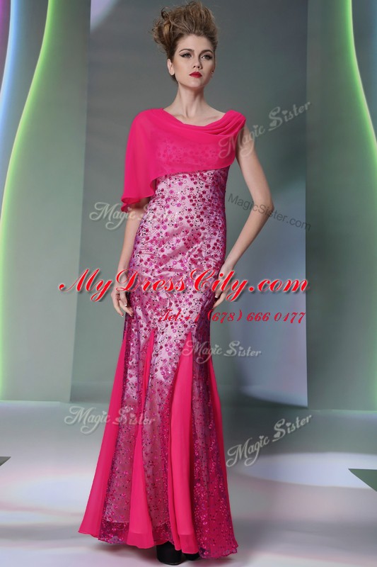 Clearance Mermaid Scoop Sleeveless Floor Length Beading Zipper Prom Dress with Hot Pink